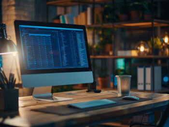 Mockup de computador de mesa profissional com tampo cinza